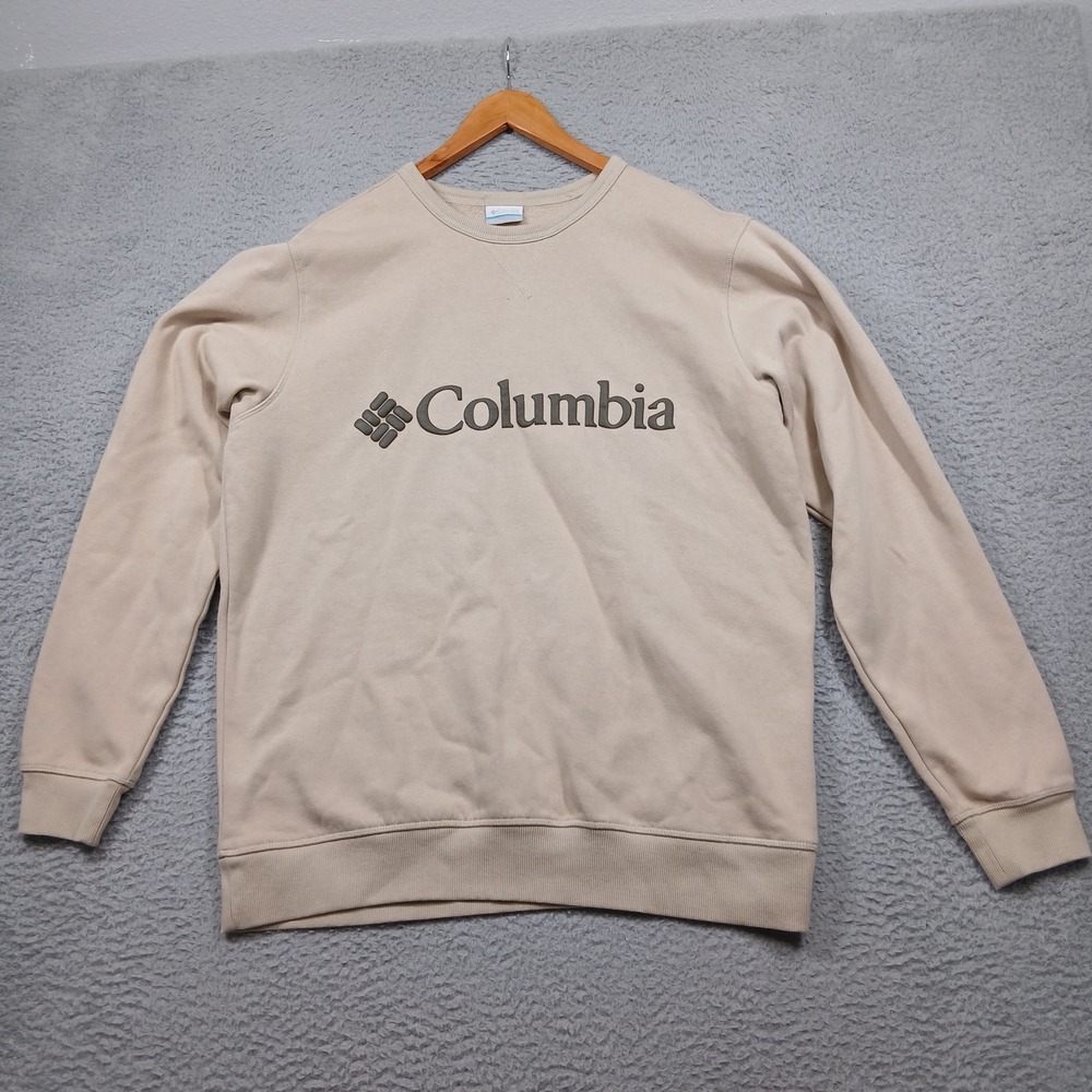 Columbia Crewneck Sweatshirt Men's L Beige Fleece Lined Pullover Logo